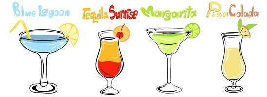 ensemble de cocktails alcoolisés. verres dessinés à la main de lagon bleu, tequila sunrise, margarita et pina colada vecteur