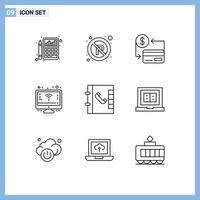 aperçu de l'interface mobile ensemble de 9 pictogrammes de contacts écran signe moniteur crédit éléments de conception vectoriels modifiables vecteur