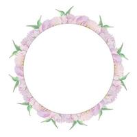 arrangement de cadre de cercle aquarelle avec des fleurs, des bourgeons et des feuilles de pivoine rose délicate dessinés à la main. isolé sur fond blanc. pour les invitations, les mariages, les cartes d'amour ou de voeux, le papier, l'impression, le textile vecteur