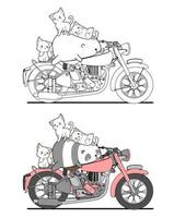 Adorables chats et panda sur coloriage de dessin animé de moto vecteur