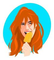 portrait d'un beau visage de femme aux longs cheveux ondulés blonds mangeant, mordant la crème glacée sur un bâton, popsicle. adapté aux avatars des médias sociaux, à l'impression, aux autocollants, aux affiches, etc. illustration vectorielle à plat. vecteur