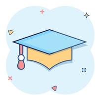 icône de chapeau de graduation dans le style comique. illustration de vecteur de dessin animé de cap étudiant sur fond blanc isolé. concept d'entreprise d'effet d'éclaboussure de l'université.