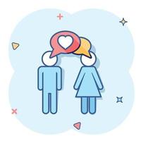 homme et femme de dessin animé de vecteur avec icône de coeur dans le style comique. les gens signent un pictogramme d'illustration. concept d'effet d'éclaboussure d'affaires de relations.