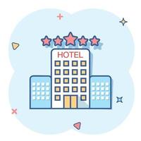 icône d'hôtel de dessin animé de vecteur dans le style comique. pictogramme d'illustration de signe de tour. concept d'effet d'éclaboussure d'affaires d'appartement d'hôtel.