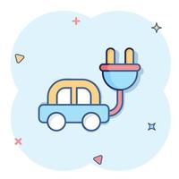 icône de voiture électrique dans le style comique. illustration de vecteur de dessin animé électro auto sur fond blanc isolé. concept d'entreprise d'effet d'éclaboussure de transport écologique.