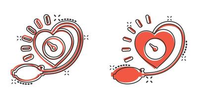 icône de la pression artérielle dans le style comique. illustration de vecteur de dessin animé de moniteur de rythme cardiaque sur fond isolé. concept d'entreprise de signe d'effet d'éclaboussure de diagnostic d'impulsion.
