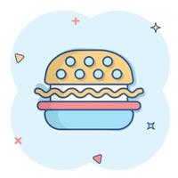 icône de signe de hamburger dans le style comique. illustration de dessin animé de vecteur de hamburger sur fond blanc isolé. effet d'éclaboussure du concept d'entreprise cheeseburger.
