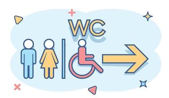 wc de dessin animé de vecteur, icône de toilette dans le style comique. pictogramme d'illustration de signe de toilettes hommes et femmes. concept d'effet d'éclaboussure d'entreprise wc. vecteur