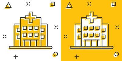 icône de bâtiment d'hôpital dans le style comique. illustration de vecteur de dessin animé de clinique médicale sur fond isolé. concept d'entreprise de signe d'effet d'éclaboussure de médecine.