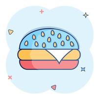 icône de restauration rapide de burger de dessin animé de vecteur dans le style comique. pictogramme d'illustration de signe de hamburger. concept d'effet d'éclaboussure d'entreprise de hamburger.