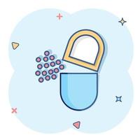 icône de note de pilule de vitamine dans le style comique. illustration de vecteur de dessin animé de capsule sur fond blanc isolé. concept d'entreprise de signe d'effet d'éclaboussure d'antibiotique.
