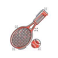 icône de raquette de tennis dans le style comique. illustration de vecteur de dessin animé de raquette de jeu sur fond isolé. concept d'entreprise de signe d'effet d'éclaboussure d'activité sportive.