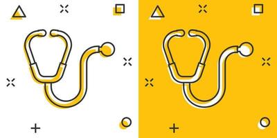 icône de stéthoscope dans le style comique. illustration vectorielle de dessin animé de diagnostic cardiaque sur fond isolé. concept d'entreprise de signe d'effet d'éclaboussure de médecine. vecteur