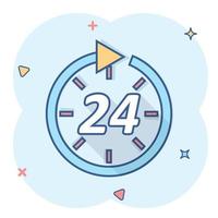 icône de temps de dessin animé de vecteur dans le style comique. Pictogramme d'illustration de signe 24 heures. concept d'effet d'éclaboussure d'entreprise de minuterie d'horloge.