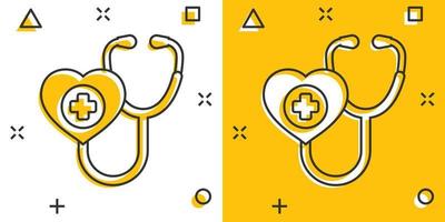 icône de stéthoscope dans le style comique. illustration vectorielle de dessin animé de diagnostic cardiaque sur fond isolé. concept d'entreprise de signe d'effet d'éclaboussure de médecine. vecteur