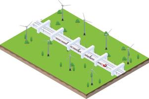 scène isométrique d'un train à grande vitesse électrique moderne avec des éoliennes générant de l'électricité vecteur