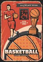 affiche vintage de basket-ball, joueur avec ballon vecteur