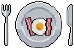 plaque d'art pixel avec œufs frits et icône de vecteur de bacon pour le jeu 8bit sur fond blanc