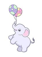 mignon bébé éléphant tenant une illustration de dessin animé de ballons. mammifère animal avec de grandes oreilles et des cliparts de tronc pour les enfants. vecteur