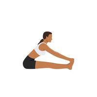 femme faisant la main du personnel à la pose du gros orteil i. pratiquer padangustha dandasana i. illustration de vecteur plat isolé sur fond blanc