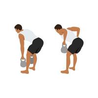 homme faisant deux exercices de rangée de kettlebell de bras. illustration de vecteur plat isolé sur fond blanc. jeu de caractères d'entraînement