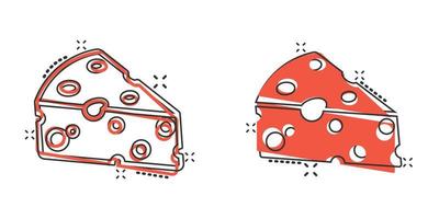 icône de tranche de fromage dans le style comique. illustration de vecteur de dessin animé de lait alimentaire sur fond isolé. concept d'entreprise de signe d'effet d'éclaboussure de petit-déjeuner.