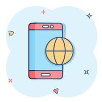 icône de smartphone globe dans le style comique. illustration de vecteur de dessin animé de localisation de téléphone portable sur fond blanc isolé. concept d'entreprise d'effet d'éclaboussure de destination.