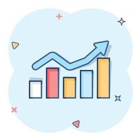 icône de graphique à barres croissante dans le style comique. augmenter le pictogramme d'illustration de dessin animé de vecteur de flèche. effet d'éclaboussure du concept d'entreprise de progrès infographique.