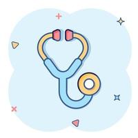 icône de stéthoscope dans le style comique. illustration vectorielle de dessin animé de diagnostic cardiaque sur fond isolé. concept d'entreprise de signe d'effet d'éclaboussure de médecine. vecteur