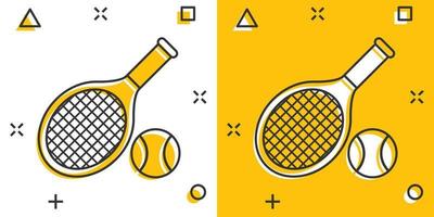 icône de raquette de tennis dans le style comique. illustration de vecteur de dessin animé de raquette de jeu sur fond isolé. concept d'entreprise de signe d'effet d'éclaboussure d'activité sportive.