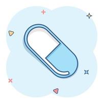 icône de capsule de pilule dans le style comique. illustration de vecteur de dessin animé de médicaments sur fond blanc isolé. concept d'entreprise d'effet d'éclaboussure de pharmacie.