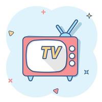 icône de télévision de dessin animé de vecteur dans le style comique. pictogramme d'illustration de signe de télévision. concept d'effet d'éclaboussure d'entreprise de télévision.