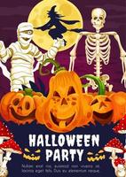 bannière d'halloween avec citrouille, squelette et sorcière vecteur