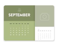 vecteur de modèle de calendrier mensuel 2023 d'affaires minimal créatif. calendrier mural de bureau pour impression, calendrier numérique ou planificateur. début de semaine le lundi. conception de mise en page de calendrier annuel moderne simple. septembre