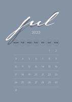 vecteur de modèle de calendrier mensuel 2023 d'affaires minimal créatif. bureau, calendrier mural pour impression, calendrier numérique ou planificateur. début de semaine le lundi. conception de mise en page de calendrier annuel moderne simple. juillet.