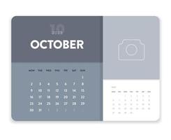 vecteur de modèle de calendrier mensuel 2023 d'affaires minimal créatif. bureau, calendrier mural pour impression, calendrier numérique ou planificateur. début de semaine le lundi. conception de mise en page de calendrier annuel moderne simple. octobre.