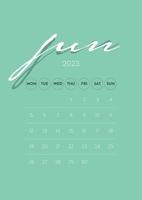 vecteur de modèle de calendrier mensuel 2023 d'affaires minimal créatif. bureau, calendrier mural pour impression, calendrier numérique ou planificateur. début de semaine le lundi. conception de mise en page de calendrier annuel moderne simple. juin.