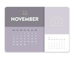 vecteur de modèle de calendrier mensuel 2023 d'affaires minimal créatif. bureau, calendrier mural pour impression, calendrier numérique ou planificateur. début de semaine le lundi. conception de mise en page de calendrier annuel moderne simple. novembre