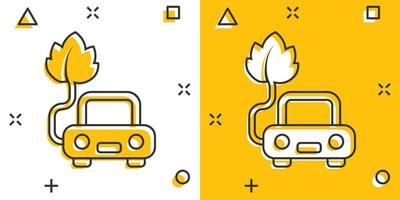 icône de voiture écologique dans le style comique. feuille et illustration vectorielle de dessin animé automatique sur fond blanc isolé. concept d'entreprise de signe d'effet d'éclaboussure de charge bio. vecteur