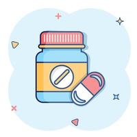 icône de bouteille de pilule dans le style comique. capsules médicales illustration vectorielle de dessin animé sur fond blanc isolé. signe de pharmacie effet splash de concept d'entreprise. vecteur