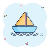 icône de bateau de tourisme dans le style comique. illustration de vecteur de dessin animé de bateau de pêche sur fond blanc isolé. concept d'entreprise d'effet d'éclaboussure de destination de pétrolier.