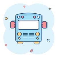 icône de bus dans le style comique. illustration vectorielle de dessin animé de voiture d'entraîneur sur fond blanc isolé. concept d'entreprise d'effet d'éclaboussure d'autobus. vecteur