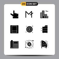 pack de 9 signes et symboles de glyphes solides modernes pour les supports d'impression Web tels que la maison de copieur électronique btc bitcoin éléments de conception vectoriels modifiables vecteur