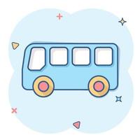 icône de bus scolaire dans le style comique. illustration de dessin animé de vecteur d'autobus sur fond blanc isolé. effet d'éclaboussure du concept d'entreprise de transport en autocar.