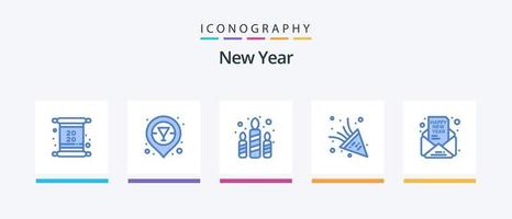 pack d'icônes bleu 5 du nouvel an, y compris le nouvel an. inviter. Feu. invitation. feu d'artifice. conception d'icônes créatives vecteur