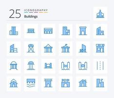 bâtiments 25 pack d'icônes de couleur bleue, y compris la maison. architecture. historique. structure. horloge vecteur