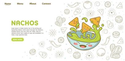 modèle de site web de page de destination de la cuisine mexicaine nachos avec sauce guacamole avec éléments de dessin animé doodle vecteur