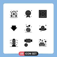 9 concept de glyphe solide pour les sites Web mobiles et les applications terre vers le bas étiquette flèche section éléments de conception vectoriels modifiables vecteur