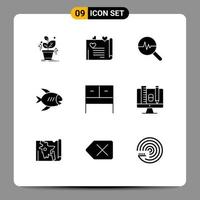 pack de 9 signes et symboles de glyphes solides modernes pour les supports d'impression Web tels que les éléments de conception vectoriels modifiables de la plage de poisson graphique de la mer intérieure vecteur