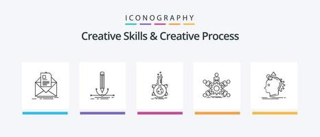 compétences créatives et pack d'icônes de la ligne de processus créatif 5, y compris l'esquisse. idée. échelle. ampoule. conception d'icônes créatives vecteur